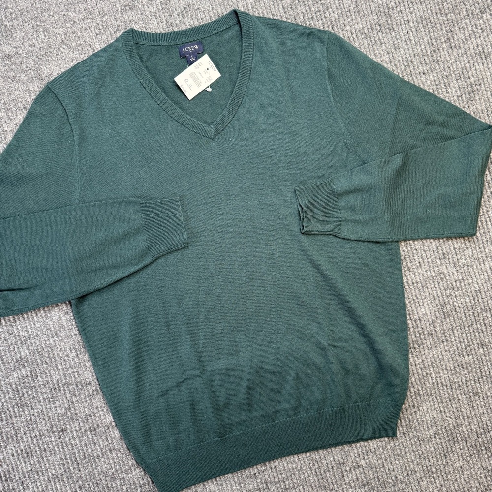 J Crew Sweater Mens Large Green V-Neck Perfect Merino Wool Blend Lightweight NEW